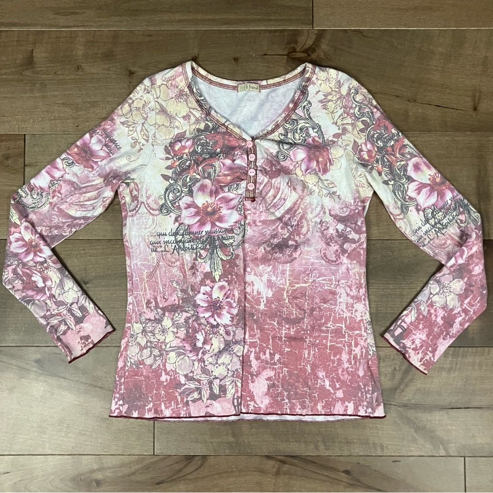 B. Friends Women’s Size L Long Sleeve Pink Fairy Floral Button Shirt Y2K Art